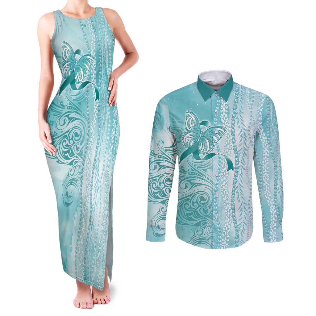 PTSD Awareness Couples Matching Tank Maxi Dress and Long Sleeve Button Shirt Maile Pikake Lokelani Crown Flower Lei Inspired