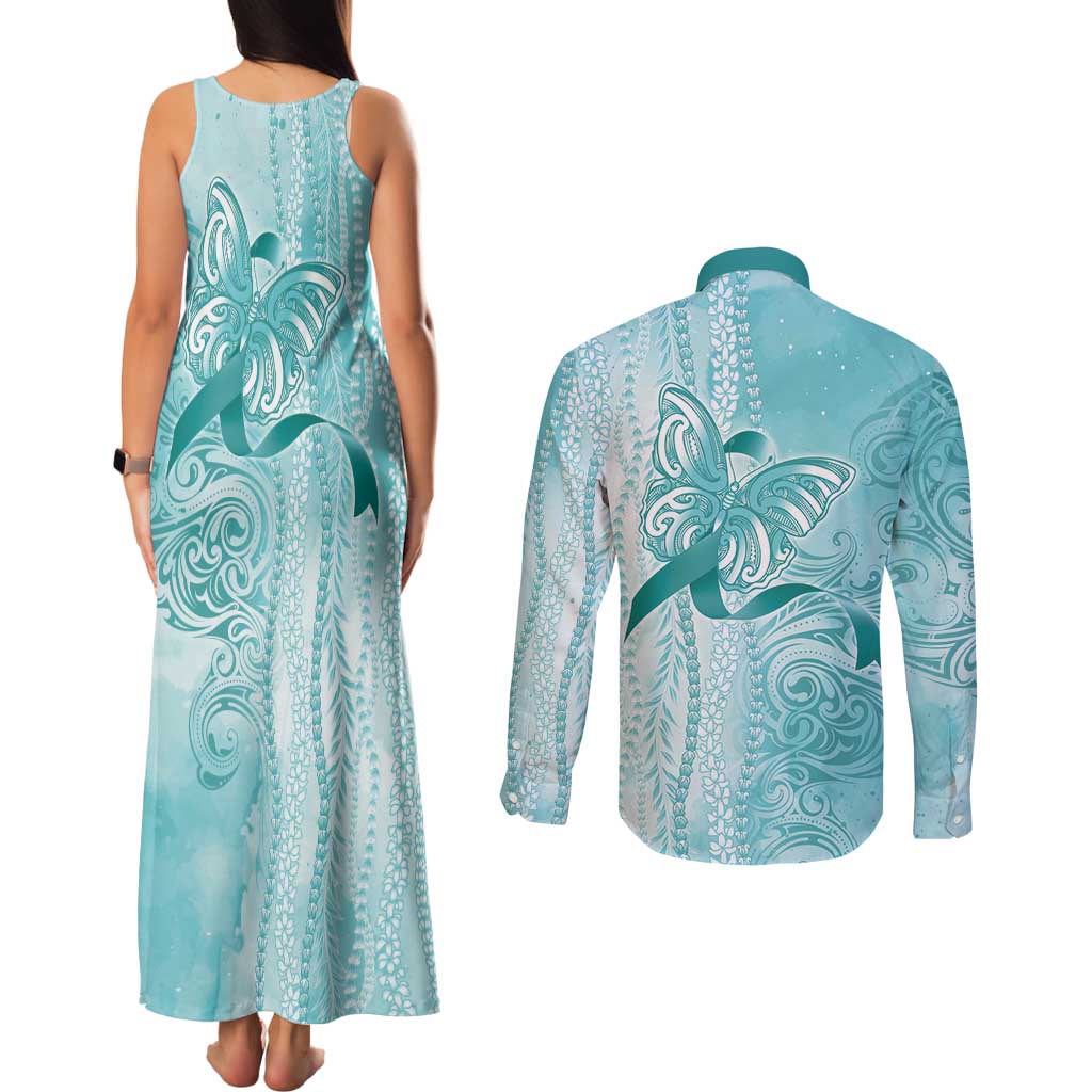 PTSD Awareness Couples Matching Tank Maxi Dress and Long Sleeve Button Shirt Maile Pikake Lokelani Crown Flower Lei Inspired