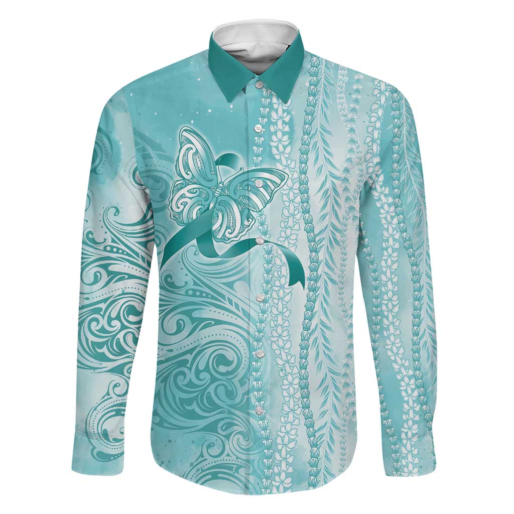 PTSD Awareness Family Matching Long Sleeve Bodycon Dress and Hawaiian Shirt Maile Pikake Lokelani Crown Flower Lei Inspired LT9 Dad's Shirt - Long Sleeve Teal - Polynesian Pride