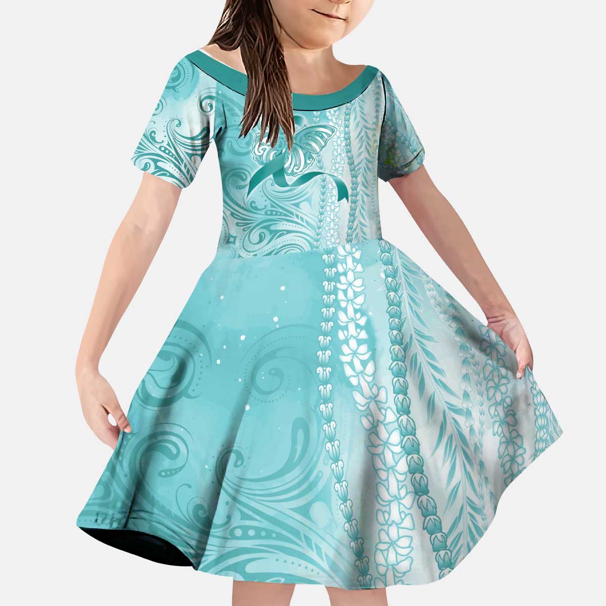PTSD Awareness Kid Short Sleeve Dress Maile Pikake Lokelani Crown Flower Lei Inspired LT9 KID Teal - Polynesian Pride
