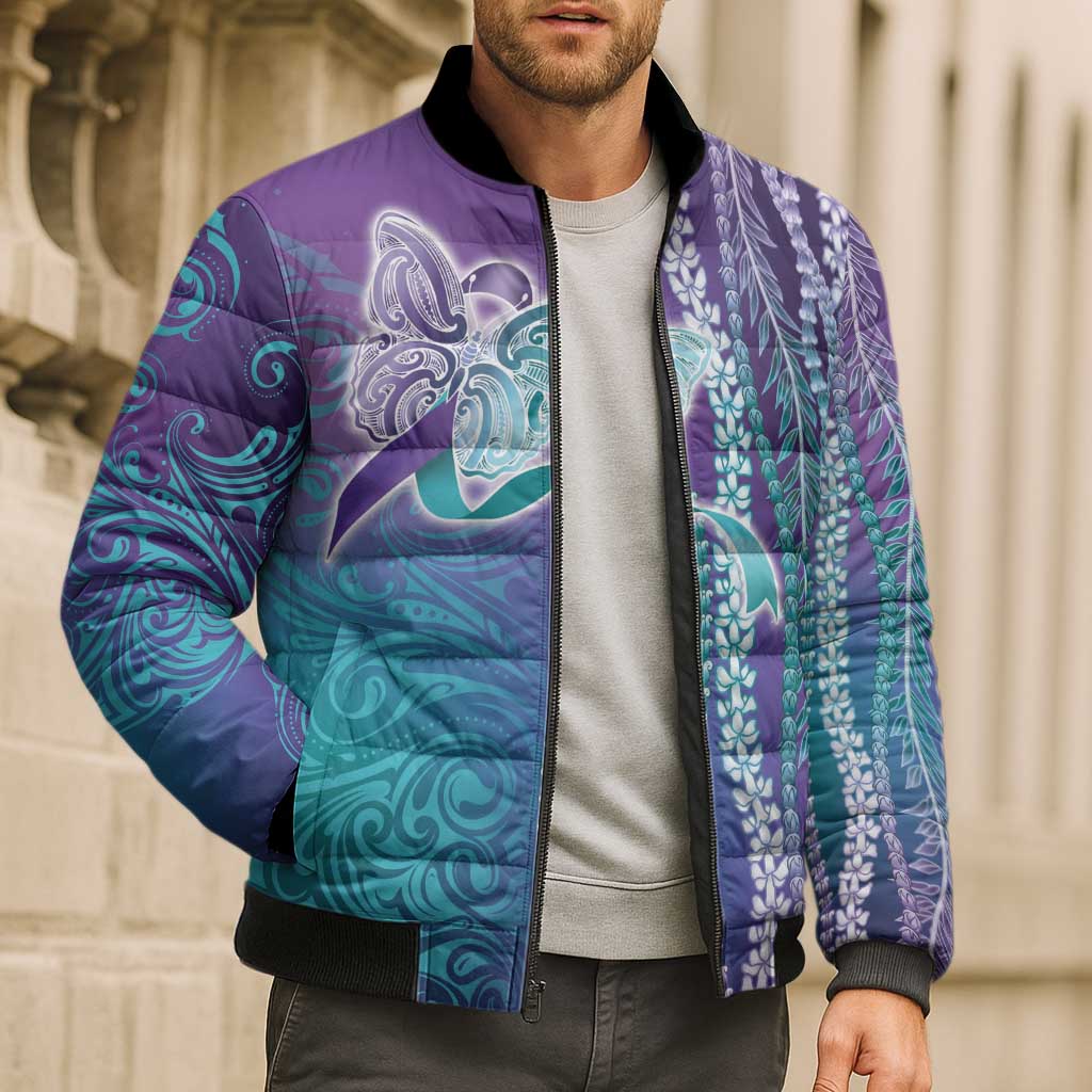 Suicide Prevention Awareness Bomber Puffer Jacket Maile Pikake Lokelani Crown Flower Lei Inspired