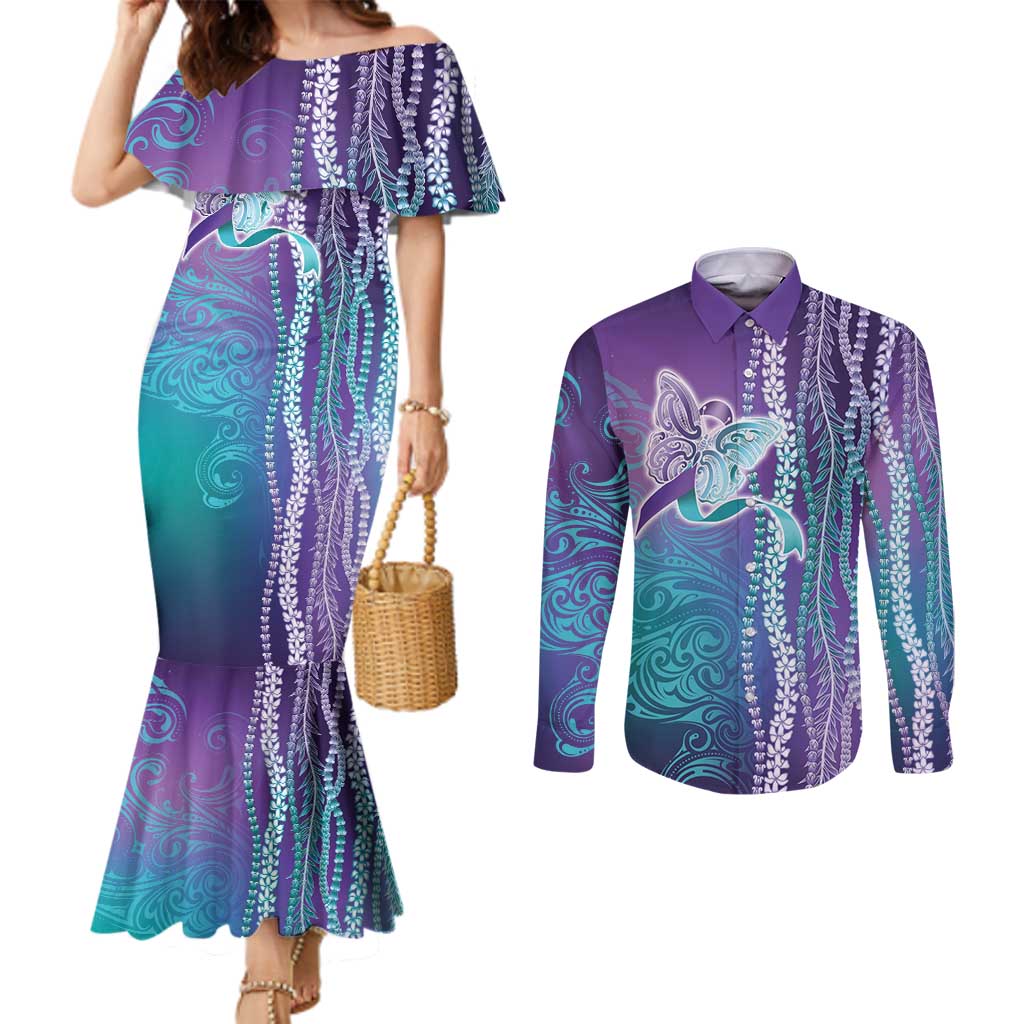 Suicide Prevention Awareness Couples Matching Mermaid Dress and Long Sleeve Button Shirt Maile Pikake Lokelani Crown Flower Lei Inspired