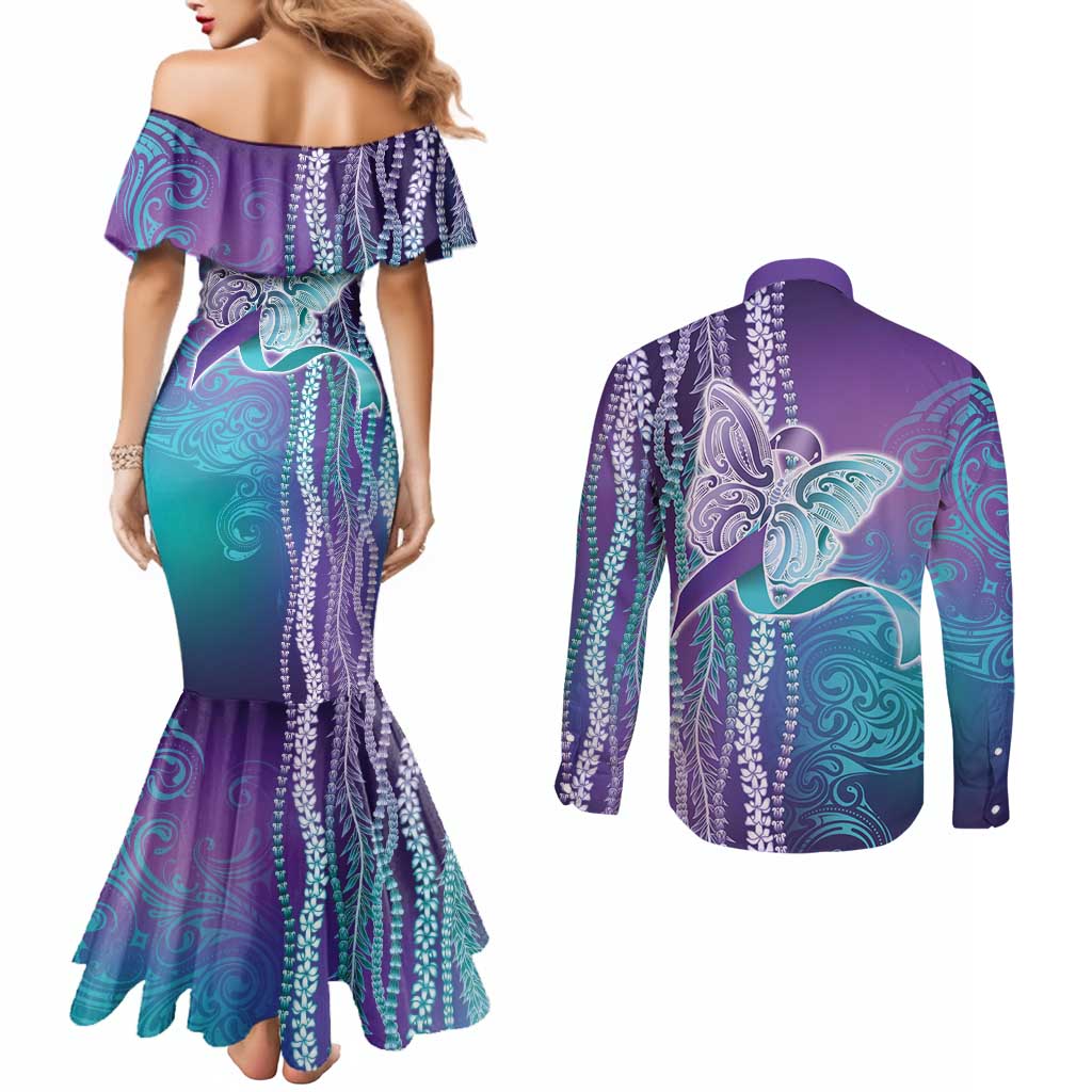Suicide Prevention Awareness Couples Matching Mermaid Dress and Long Sleeve Button Shirt Maile Pikake Lokelani Crown Flower Lei Inspired