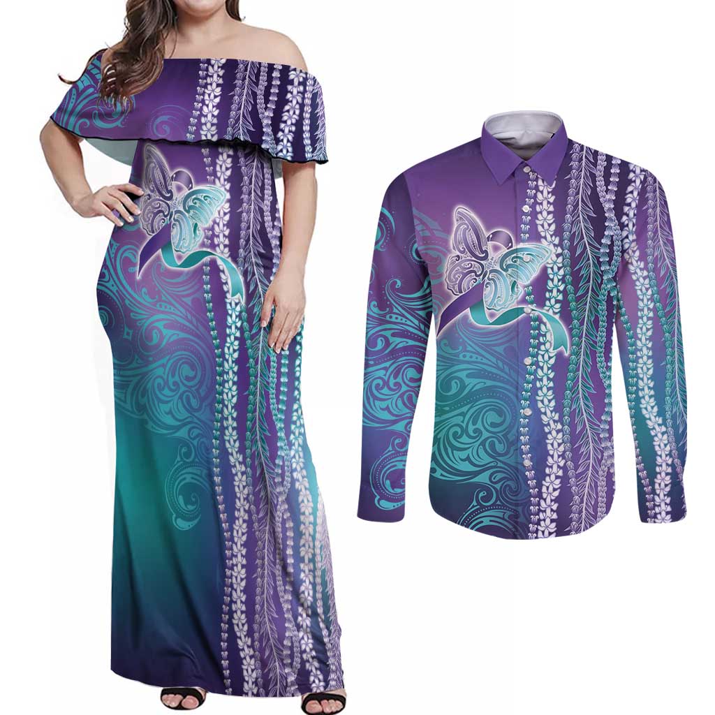 Suicide Prevention Awareness Couples Matching Off Shoulder Maxi Dress and Long Sleeve Button Shirt Maile Pikake Lokelani Crown Flower Lei Inspired LT9 Multicolor - Polynesian Pride