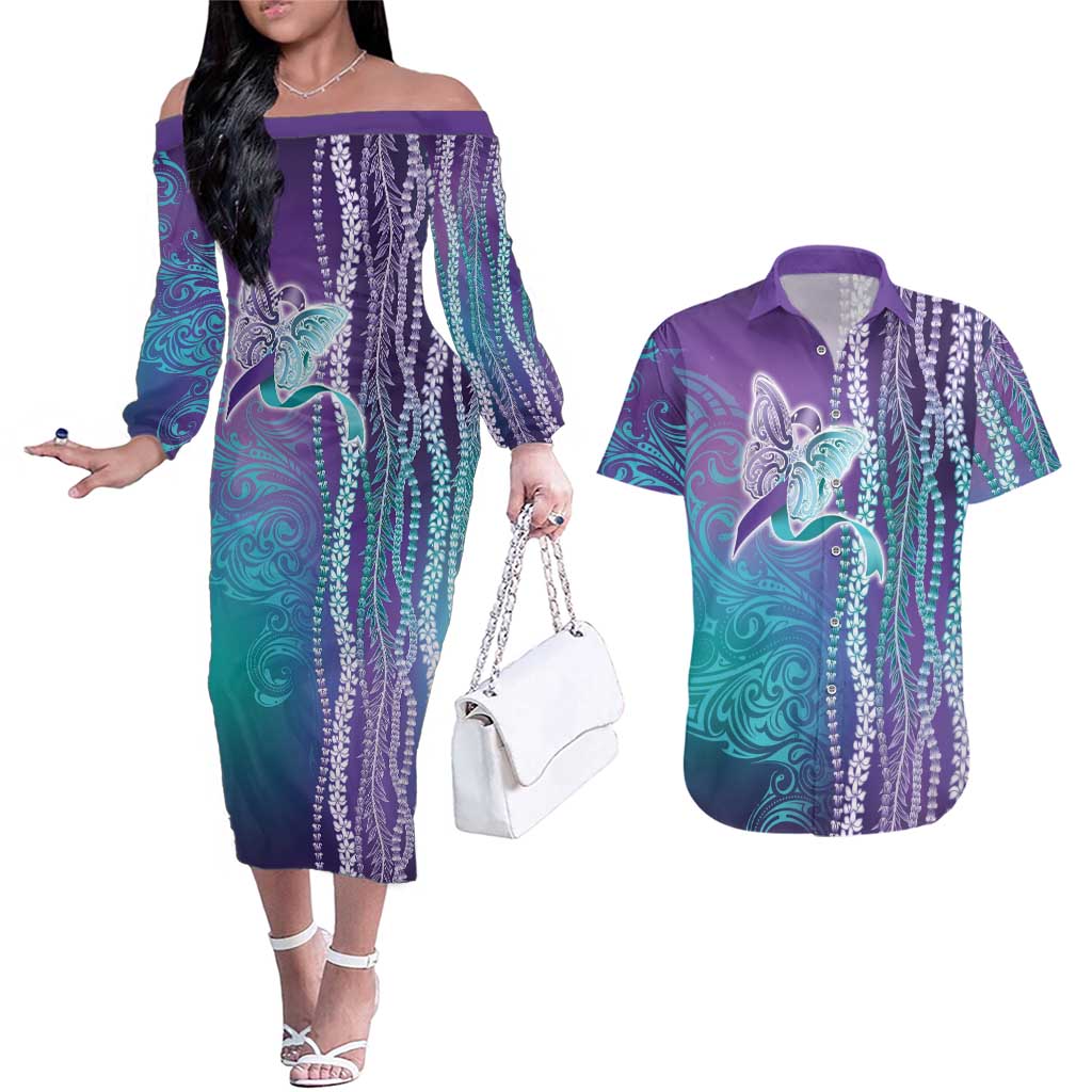 Suicide Prevention Awareness Couples Matching Off The Shoulder Long Sleeve Dress and Hawaiian Shirt Maile Pikake Lokelani Crown Flower Lei Inspired LT9 Multicolor - Polynesian Pride