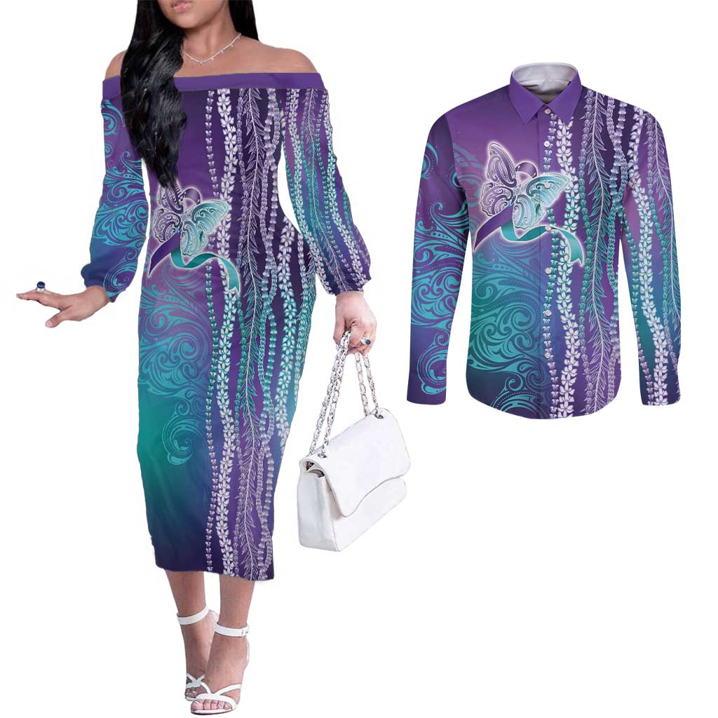Suicide Prevention Awareness Couples Matching Off The Shoulder Long Sleeve Dress and Long Sleeve Button Shirt Maile Pikake Lokelani Crown Flower Lei Inspired LT9 Multicolor - Polynesian Pride