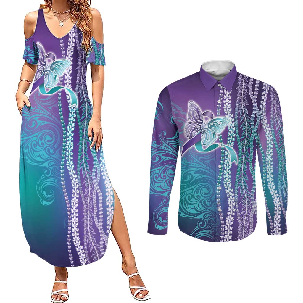 Suicide Prevention Awareness Couples Matching Summer Maxi Dress and Long Sleeve Button Shirt Maile Pikake Lokelani Crown Flower Lei Inspired