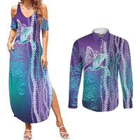 Suicide Prevention Awareness Couples Matching Summer Maxi Dress and Long Sleeve Button Shirt Maile Pikake Lokelani Crown Flower Lei Inspired