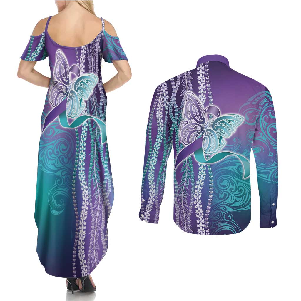 Suicide Prevention Awareness Couples Matching Summer Maxi Dress and Long Sleeve Button Shirt Maile Pikake Lokelani Crown Flower Lei Inspired
