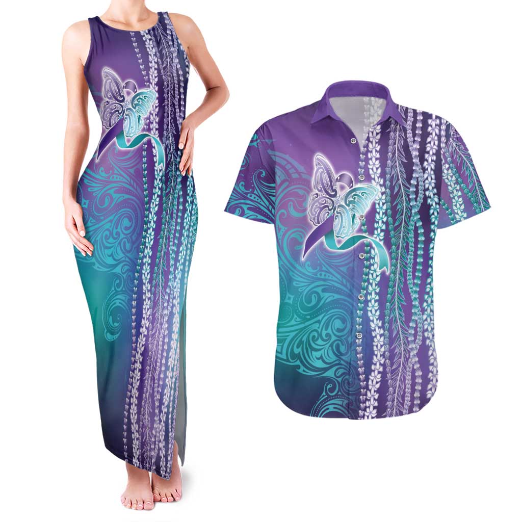 Suicide Prevention Awareness Couples Matching Tank Maxi Dress and Hawaiian Shirt Maile Pikake Lokelani Crown Flower Lei Inspired LT9 Multicolor - Polynesian Pride