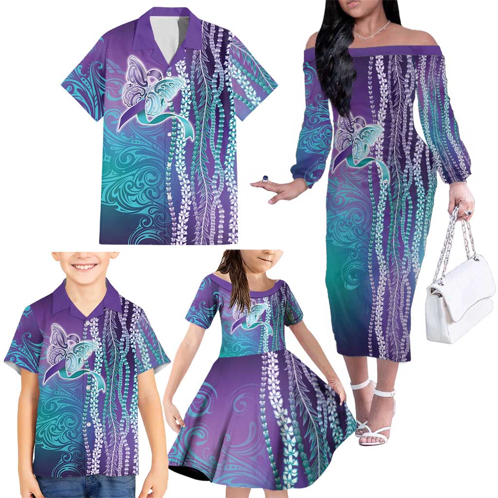 Suicide Prevention Awareness Family Matching Off The Shoulder Long Sleeve Dress and Hawaiian Shirt Maile Pikake Lokelani Crown Flower Lei Inspired LT9 - Polynesian Pride