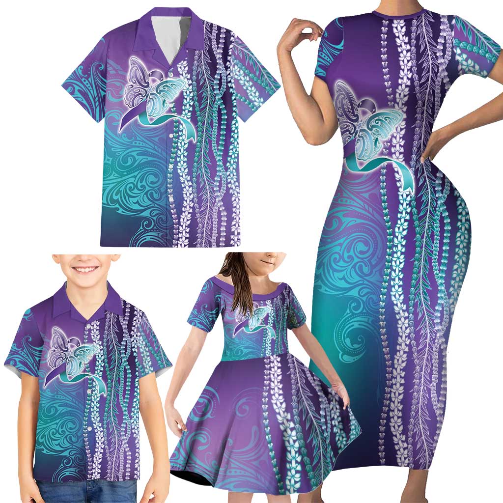 Suicide Prevention Awareness Family Matching Short Sleeve Bodycon Dress and Hawaiian Shirt Maile Pikake Lokelani Crown Flower Lei Inspired