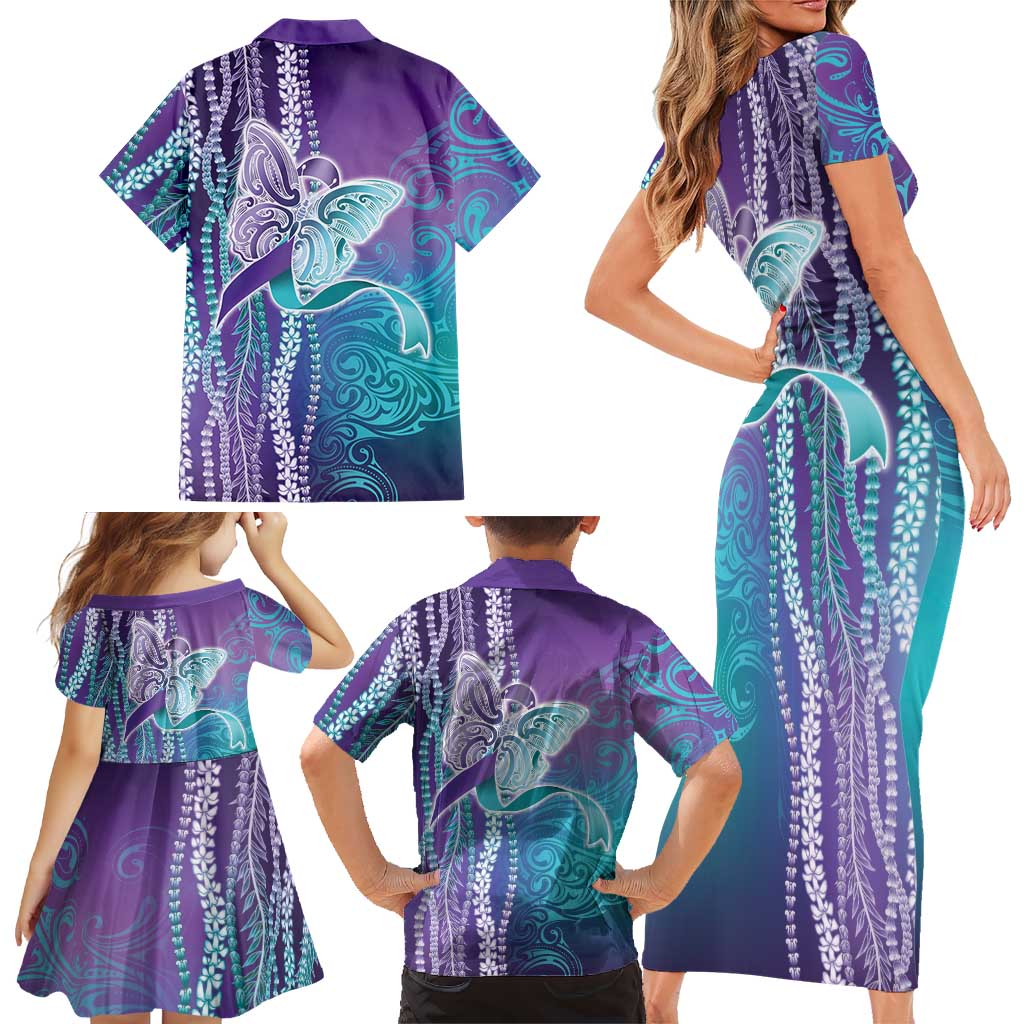 Suicide Prevention Awareness Family Matching Short Sleeve Bodycon Dress and Hawaiian Shirt Maile Pikake Lokelani Crown Flower Lei Inspired