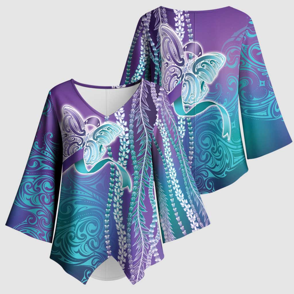 Suicide Prevention Awareness Kimono Sleeve Blouse Maile Pikake Lokelani Crown Flower Lei Inspired