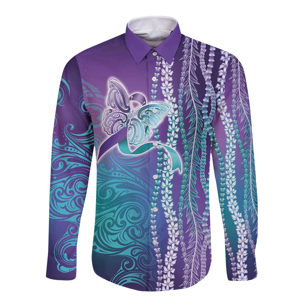 Suicide Prevention Awareness Long Sleeve Button Shirt Maile Pikake Lokelani Crown Flower Lei Inspired