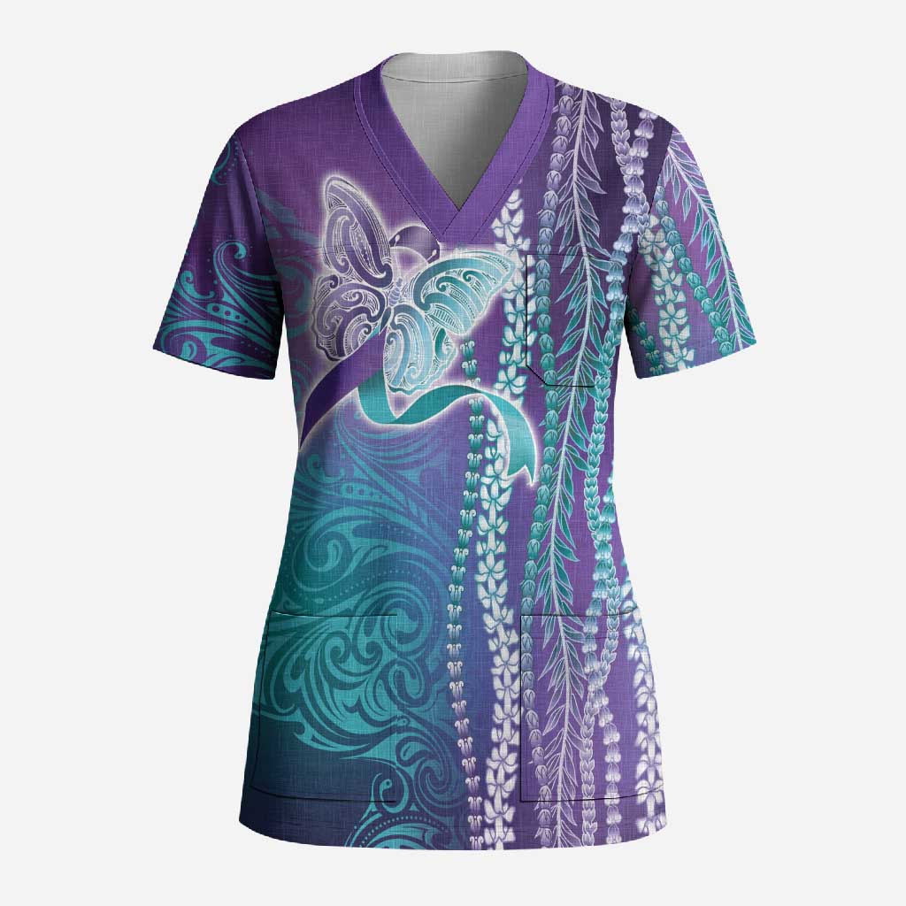 Suicide Prevention Awareness Scrub Top Maile Pikake Lokelani Crown Flower Lei Inspired