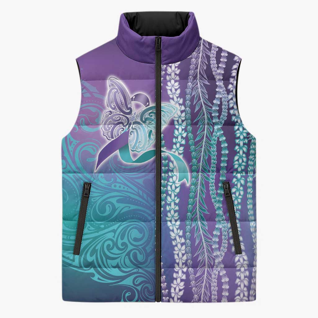 Suicide Prevention Awareness Sleeveless Puffer Jacket Maile Pikake Lokelani Crown Flower Lei Inspired