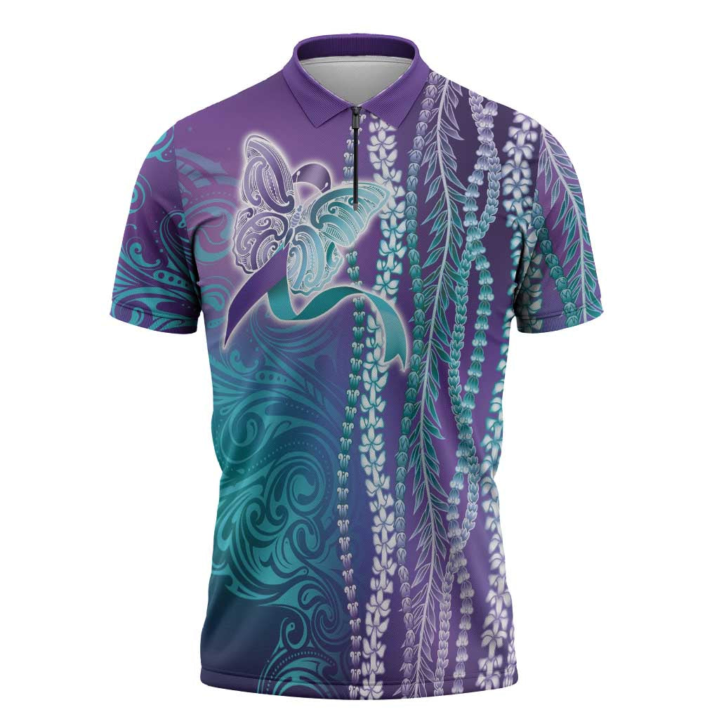 Suicide Prevention Awareness Zipper Polo Shirt Maile Pikake Lokelani Crown Flower Lei Inspired