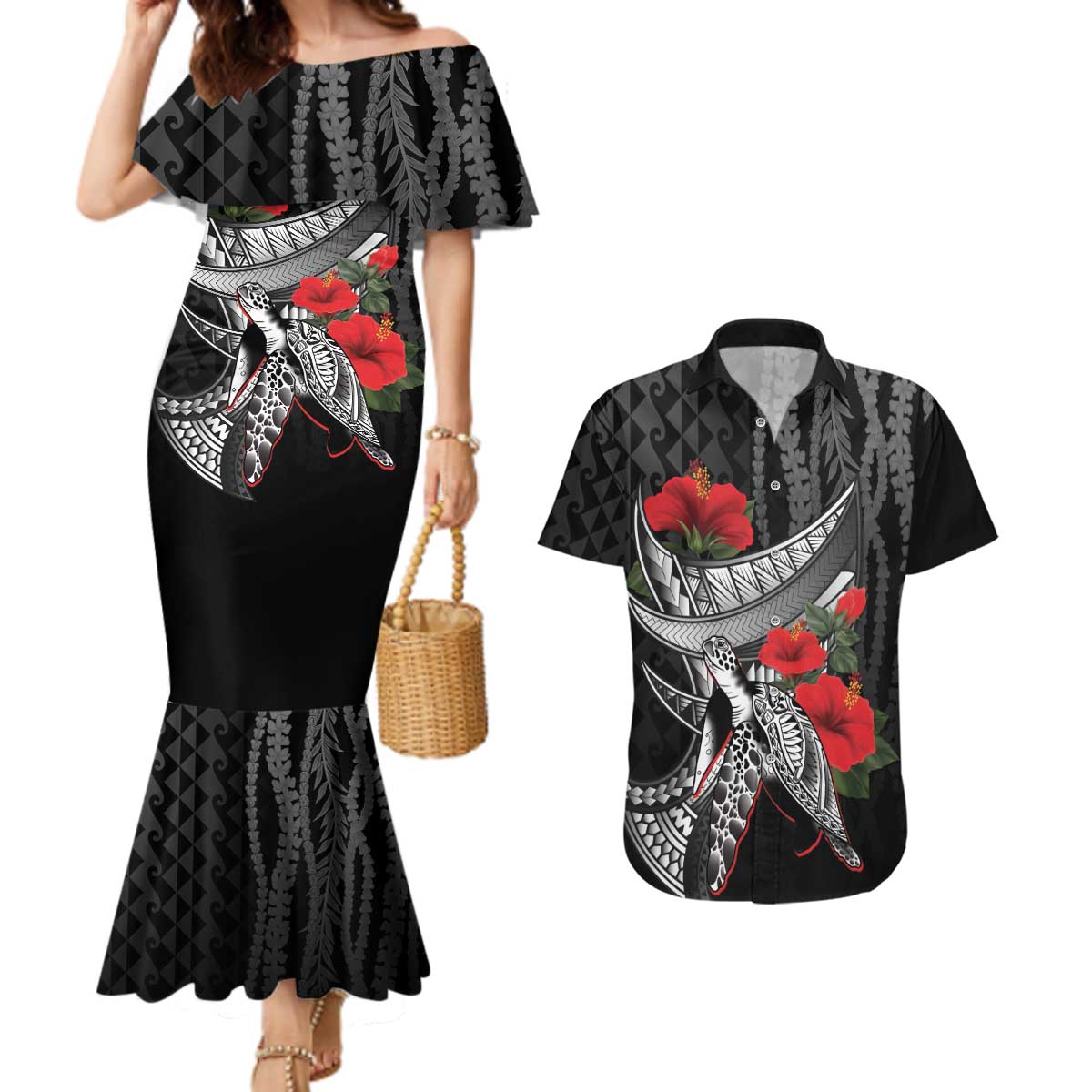 Hawaiian Honu Personalized Couples Matching Mermaid Dress and Hawaiian Shirt Black Tribal Hook Pattern LT9 Black - Polynesian Pride