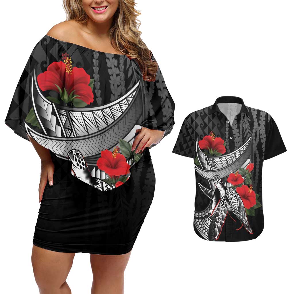 Hawaiian Honu Personalized Couples Matching Off Shoulder Short Dress and Hawaiian Shirt Black Tribal Hook Pattern LT9 Black - Polynesian Pride