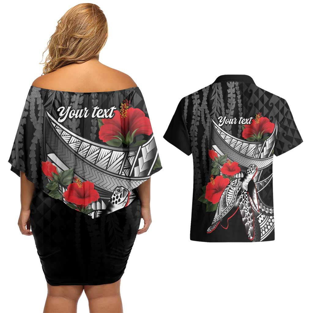 Hawaiian Honu Personalized Couples Matching Off Shoulder Short Dress and Hawaiian Shirt Black Tribal Hook Pattern LT9 - Polynesian Pride