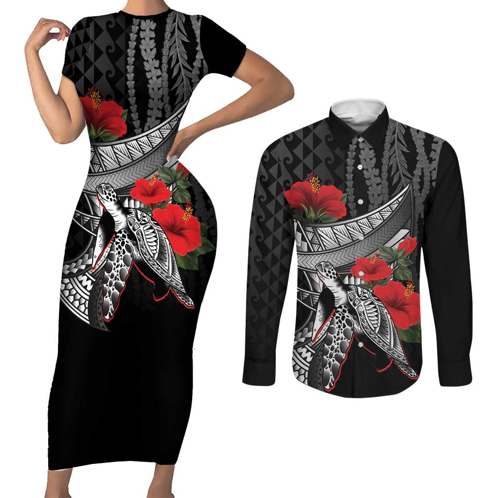 Hawaiian Honu Personalized Couples Matching Short Sleeve Bodycon Dress and Long Sleeve Button Shirt Black Tribal Hook Pattern LT9 Black - Polynesian Pride