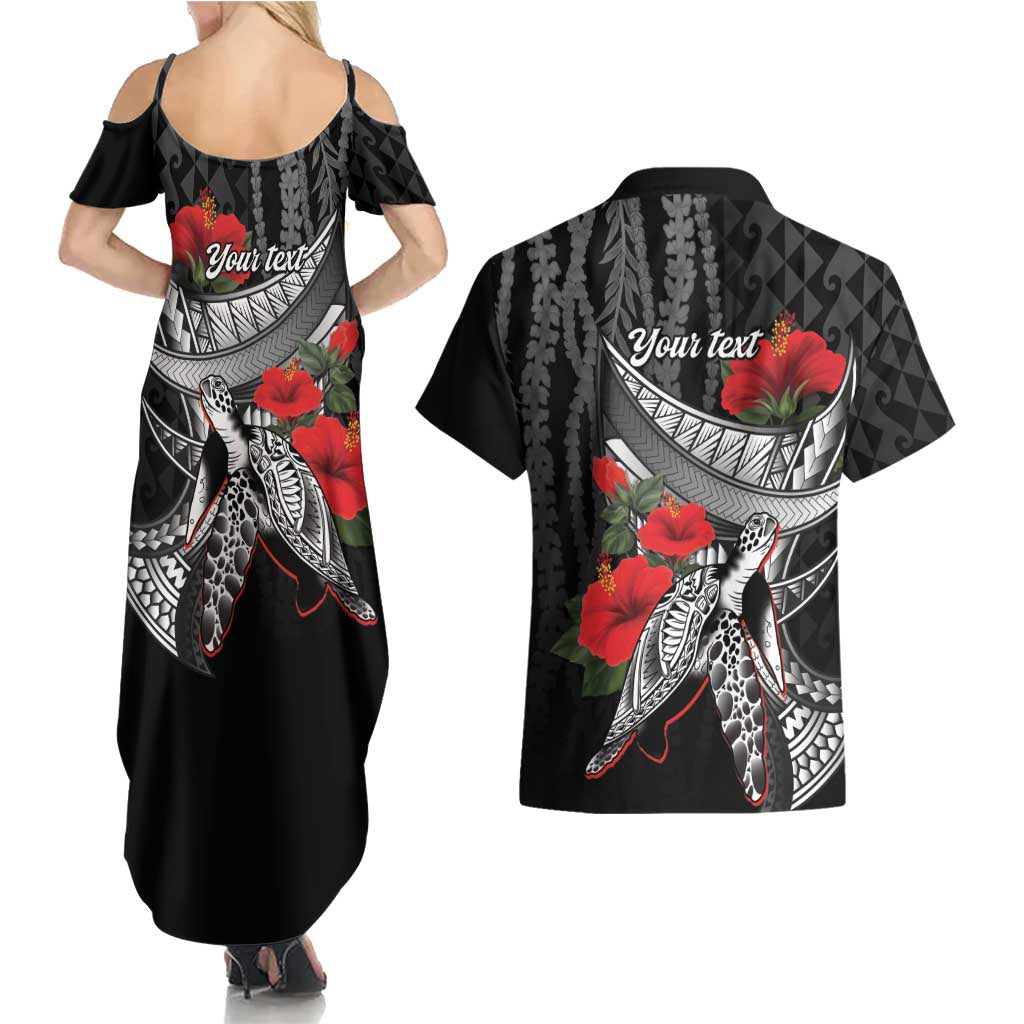 Hawaiian Honu Personalized Couples Matching Summer Maxi Dress and Hawaiian Shirt Black Tribal Hook Pattern