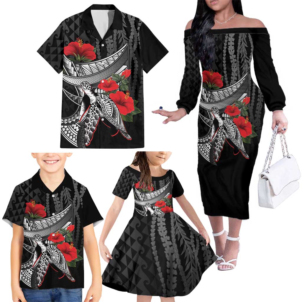 Hawaiian Honu Personalized Family Matching Off The Shoulder Long Sleeve Dress and Hawaiian Shirt Black Tribal Hook Pattern LT9 - Polynesian Pride