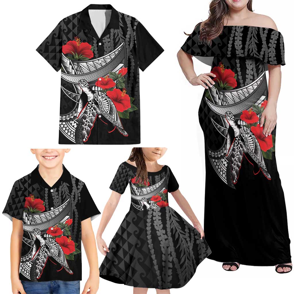 Hawaiian Honu Personalized Family Matching Off Shoulder Maxi Dress and Hawaiian Shirt Black Tribal Hook Pattern LT9 - Polynesian Pride