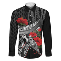 Hawaiian Honu Personalized Family Matching Off Shoulder Maxi Dress and Hawaiian Shirt Black Tribal Hook Pattern LT9 Dad's Shirt - Long Sleeve Black - Polynesian Pride