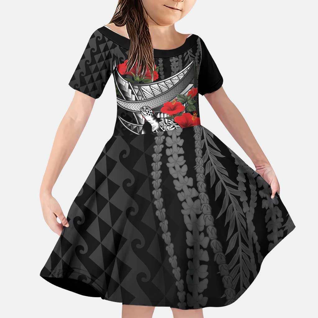 Hawaiian Honu Personalized Family Matching Off Shoulder Short Dress and Hawaiian Shirt Black Tribal Hook Pattern LT9 Daughter's Dress Black - Polynesian Pride