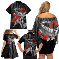Hawaiian Honu Personalized Family Matching Off Shoulder Short Dress and Hawaiian Shirt Black Tribal Hook Pattern LT9 - Polynesian Pride