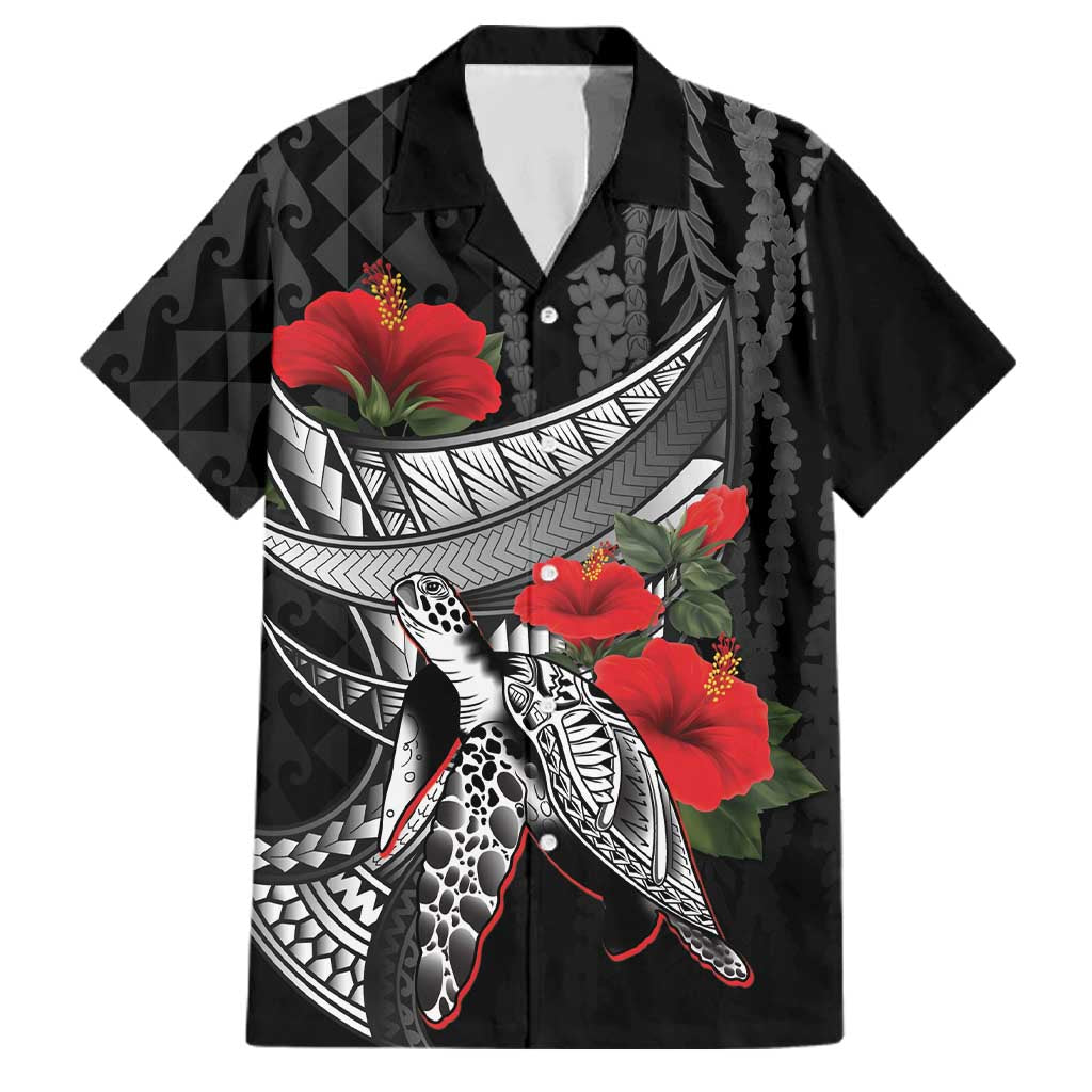 Hawaiian Honu Personalized Family Matching Off Shoulder Short Dress and Hawaiian Shirt Black Tribal Hook Pattern LT9 Dad's Shirt - Short Sleeve Black - Polynesian Pride
