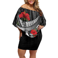 Hawaiian Honu Personalized Family Matching Off Shoulder Short Dress and Hawaiian Shirt Black Tribal Hook Pattern LT9 Mom's Dress Black - Polynesian Pride