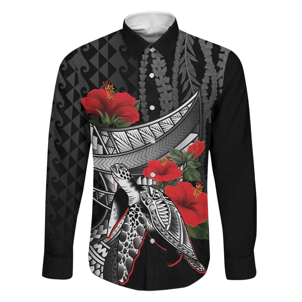 Hawaiian Honu Personalized Family Matching Puletasi and Hawaiian Shirt Black Tribal Hook Pattern LT9 Dad's Shirt - Long Sleeve Black - Polynesian Pride