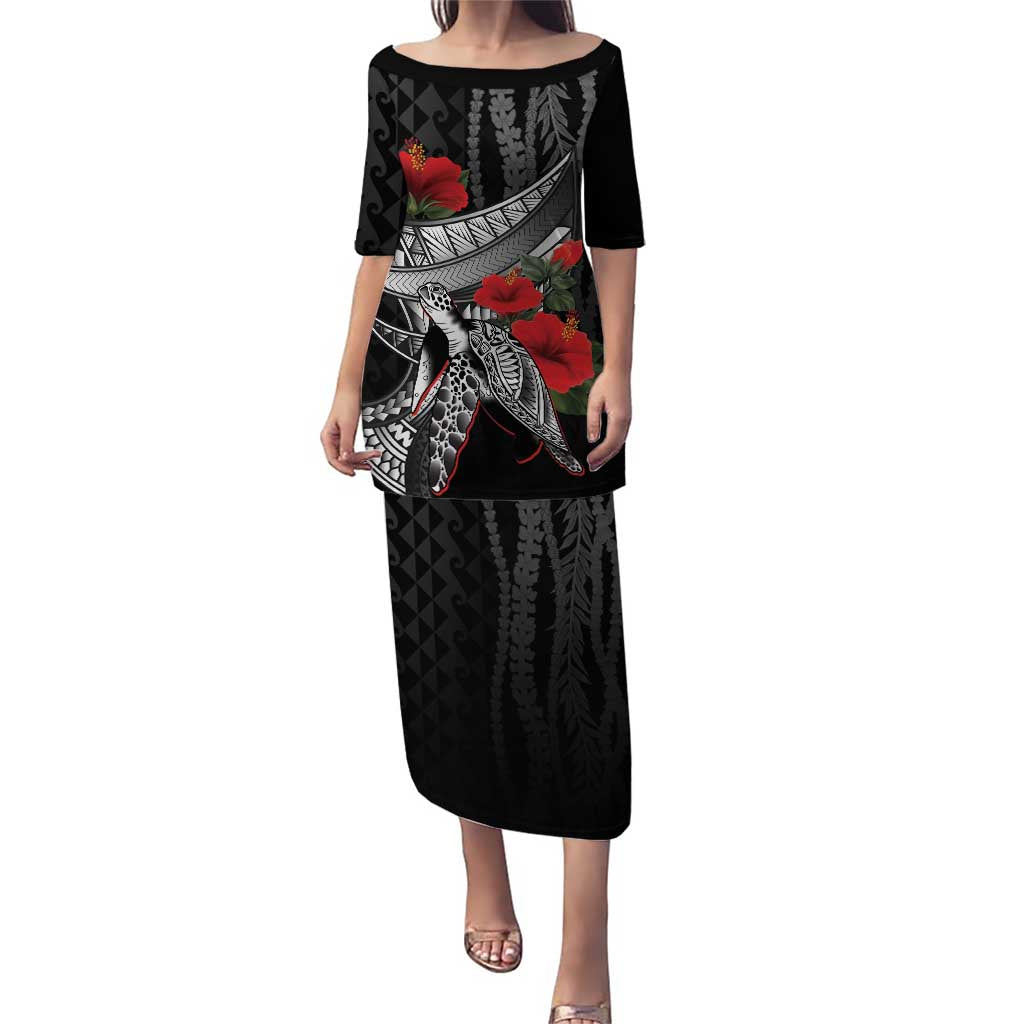 Hawaiian Honu Personalized Family Matching Puletasi and Hawaiian Shirt Black Tribal Hook Pattern LT9 Mom's Dress Black - Polynesian Pride