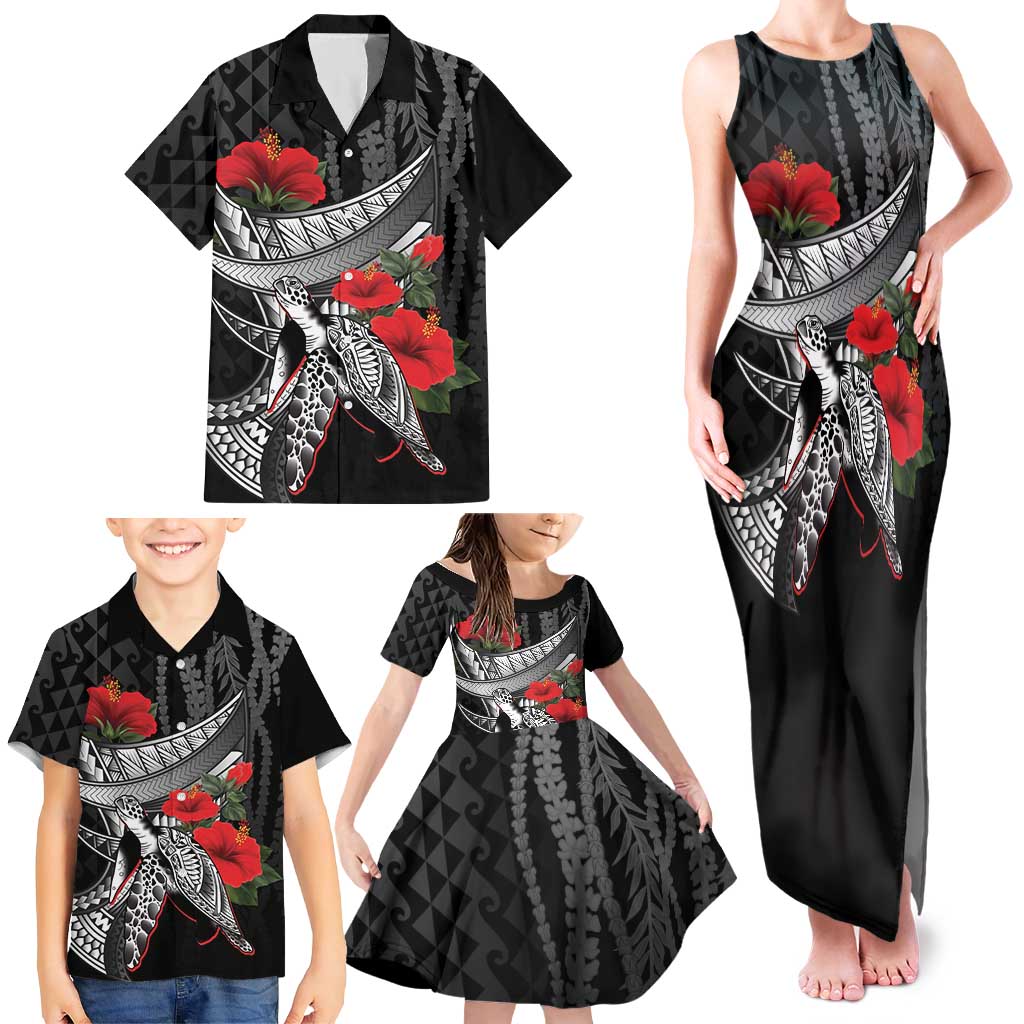 Hawaiian Honu Personalized Family Matching Tank Maxi Dress and Hawaiian Shirt Black Tribal Hook Pattern LT9 - Polynesian Pride