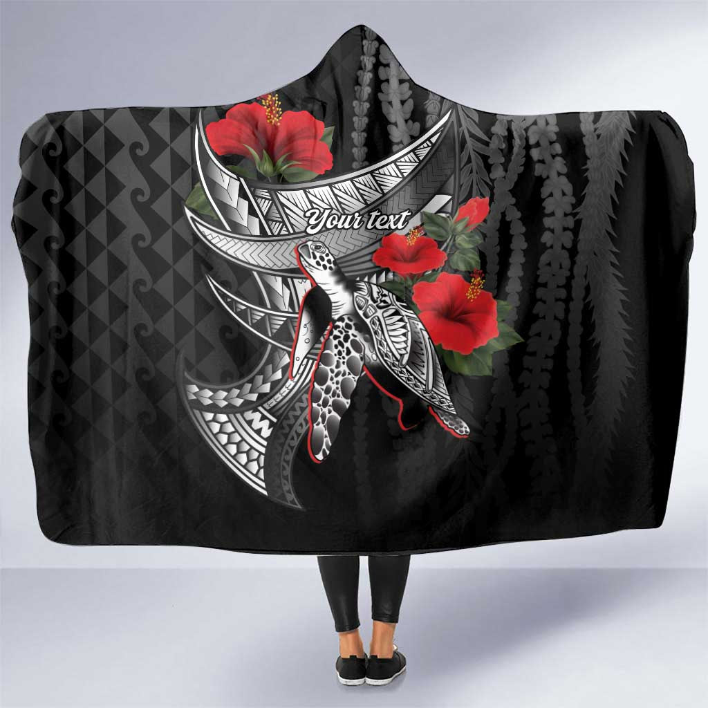 Hawaiian Honu Personalized Hooded Blanket Black Tribal Hook Pattern LT9 One Size Black - Polynesian Pride