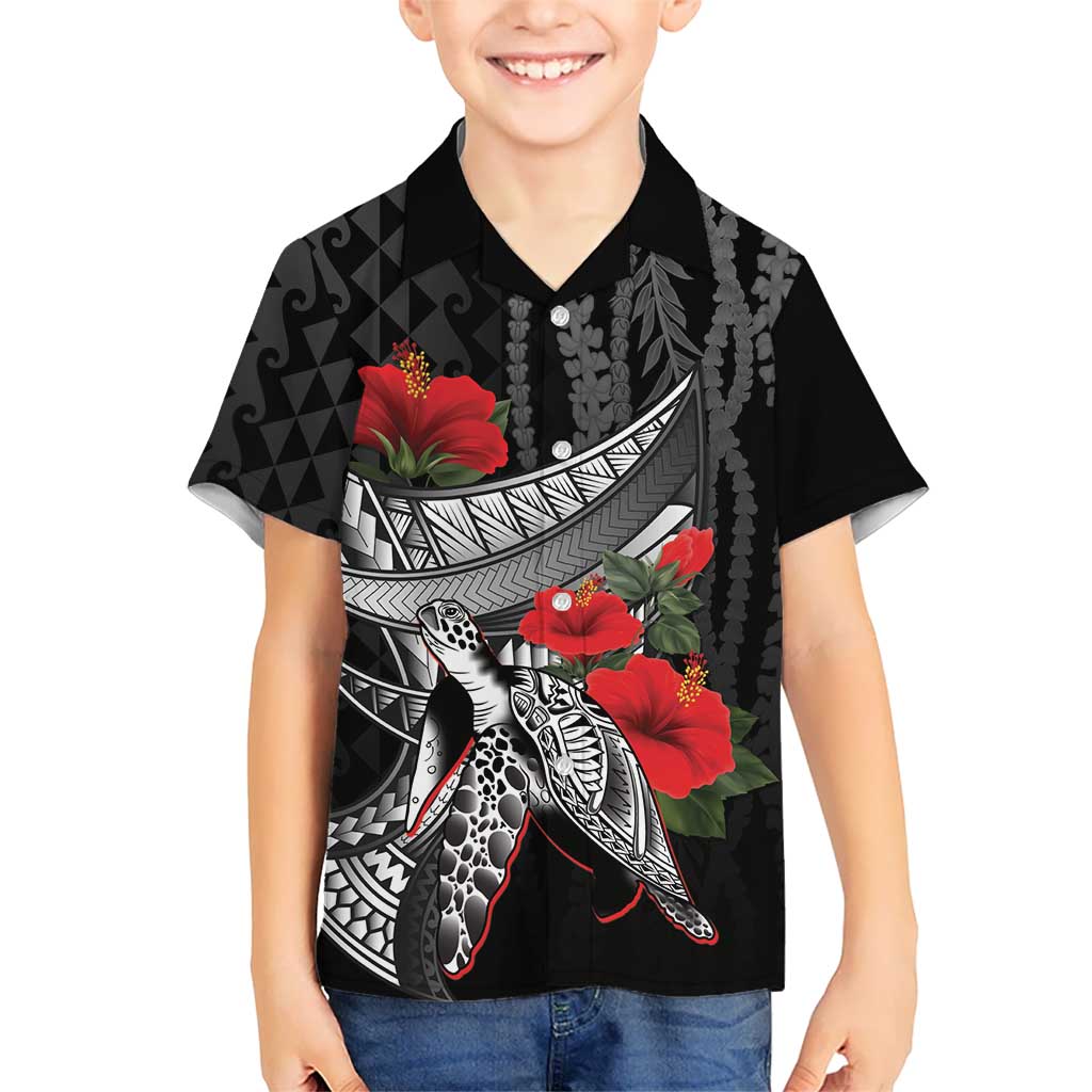 Hawaiian Honu Personalized Kid Hawaiian Shirt Black Tribal Hook Pattern