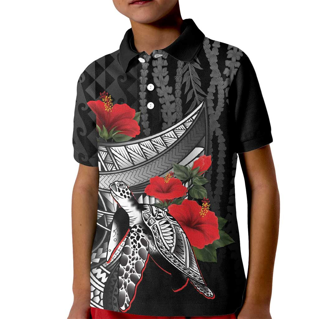 Hawaiian Honu Personalized Kid Polo Shirt Black Tribal Hook Pattern
