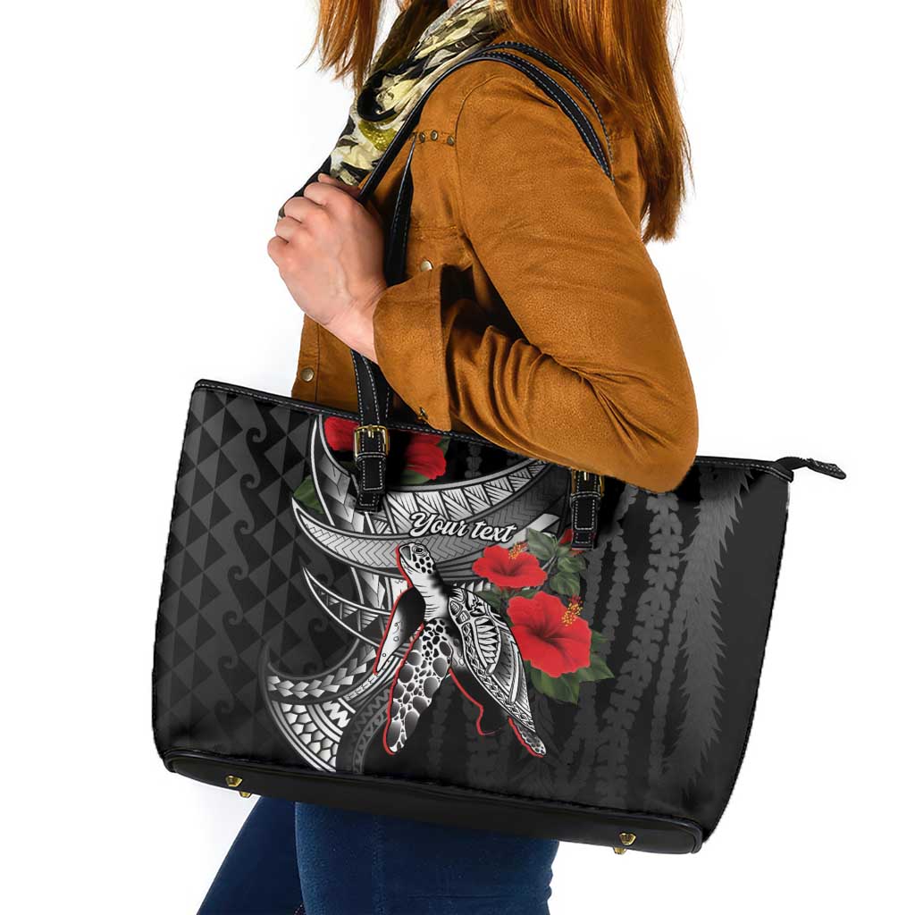 Hawaiian Honu Personalized Leather Tote Bag Black Tribal Hook Pattern LT9 Black - Polynesian Pride