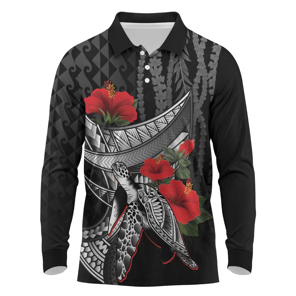Hawaiian Honu Personalized Long Sleeve Polo Shirt Black Tribal Hook Pattern LT9 Black - Polynesian Pride