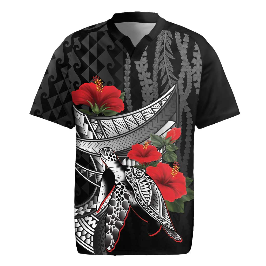 Hawaiian Honu Personalized Rugby Jersey Black Tribal Hook Pattern LT9 Black - Polynesian Pride