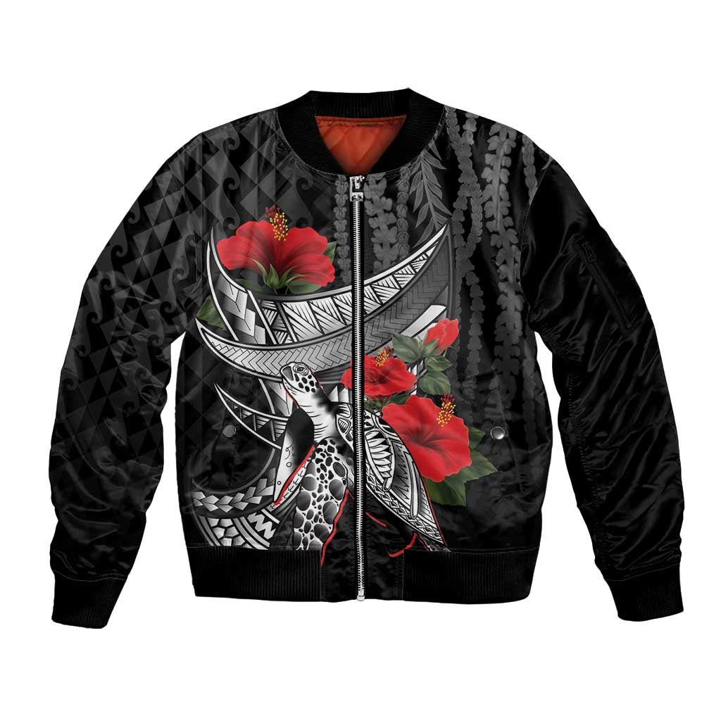 Hawaiian Honu Personalized Sleeve Zip Bomber Jacket Black Tribal Hook Pattern LT9 Unisex Black - Polynesian Pride