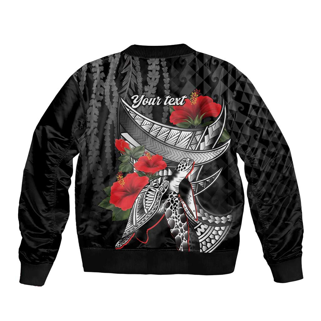 Hawaiian Honu Personalized Sleeve Zip Bomber Jacket Black Tribal Hook Pattern LT9 - Polynesian Pride