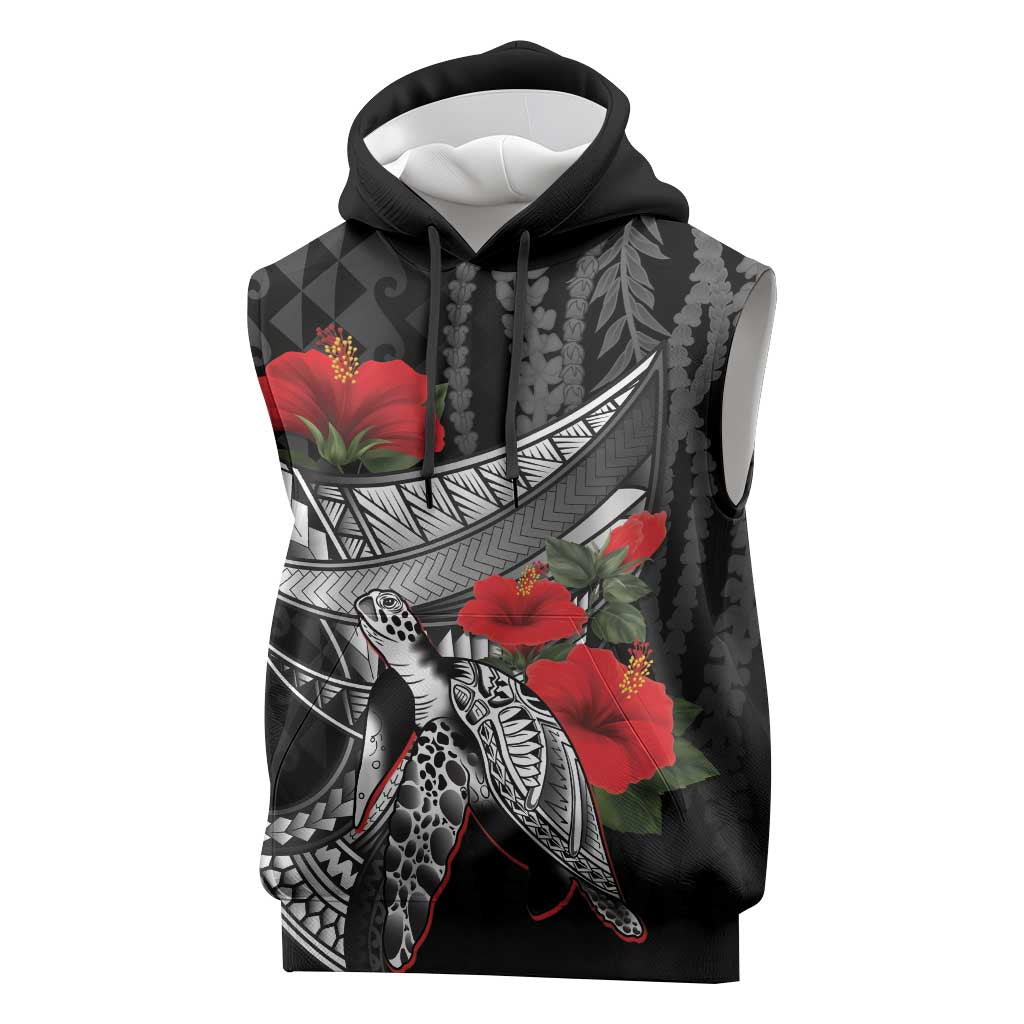 Hawaiian Honu Personalized Sleeveless Hoodie Black Tribal Hook Pattern LT9 Black - Polynesian Pride