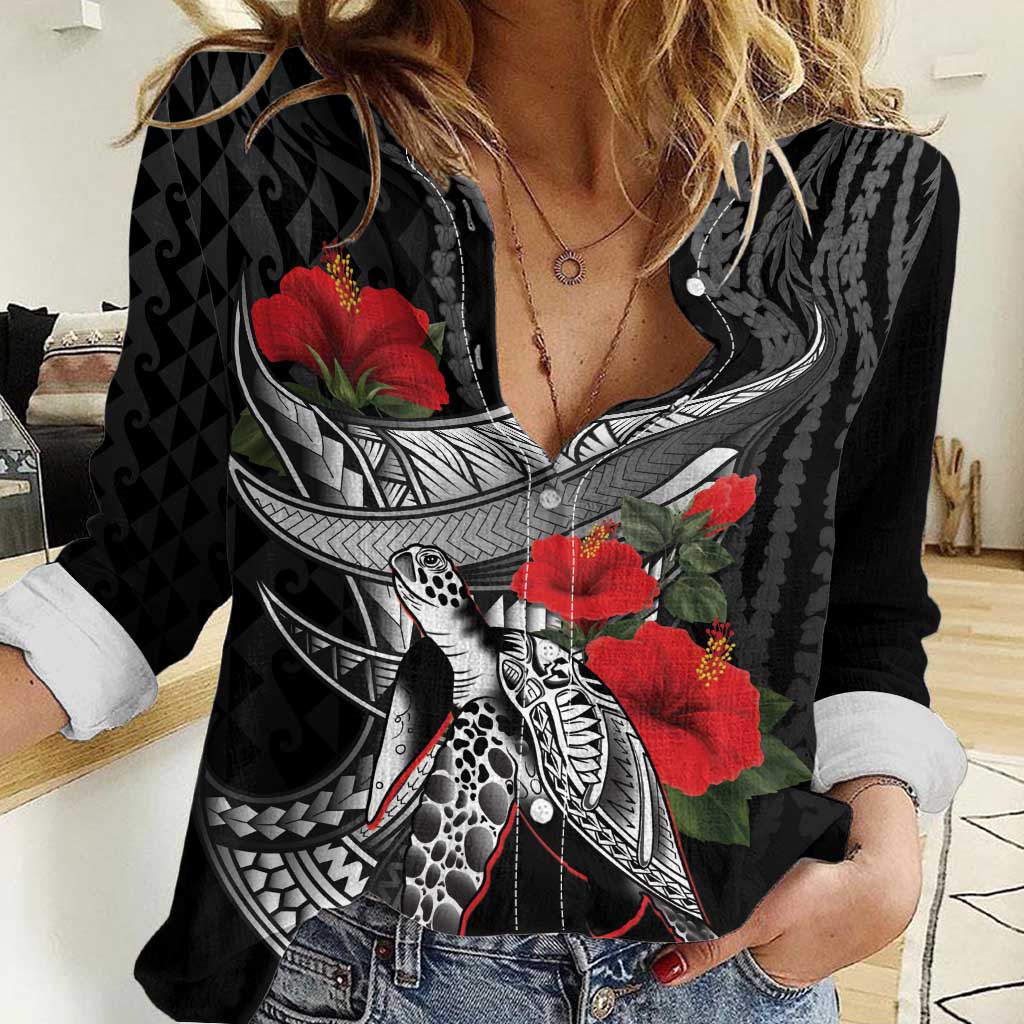 Hawaiian Honu Personalized Women Casual Shirt Black Tribal Hook Pattern LT9 Female Black - Polynesian Pride