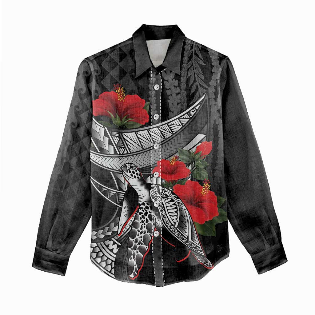 Hawaiian Honu Personalized Women Casual Shirt Black Tribal Hook Pattern LT9 - Polynesian Pride
