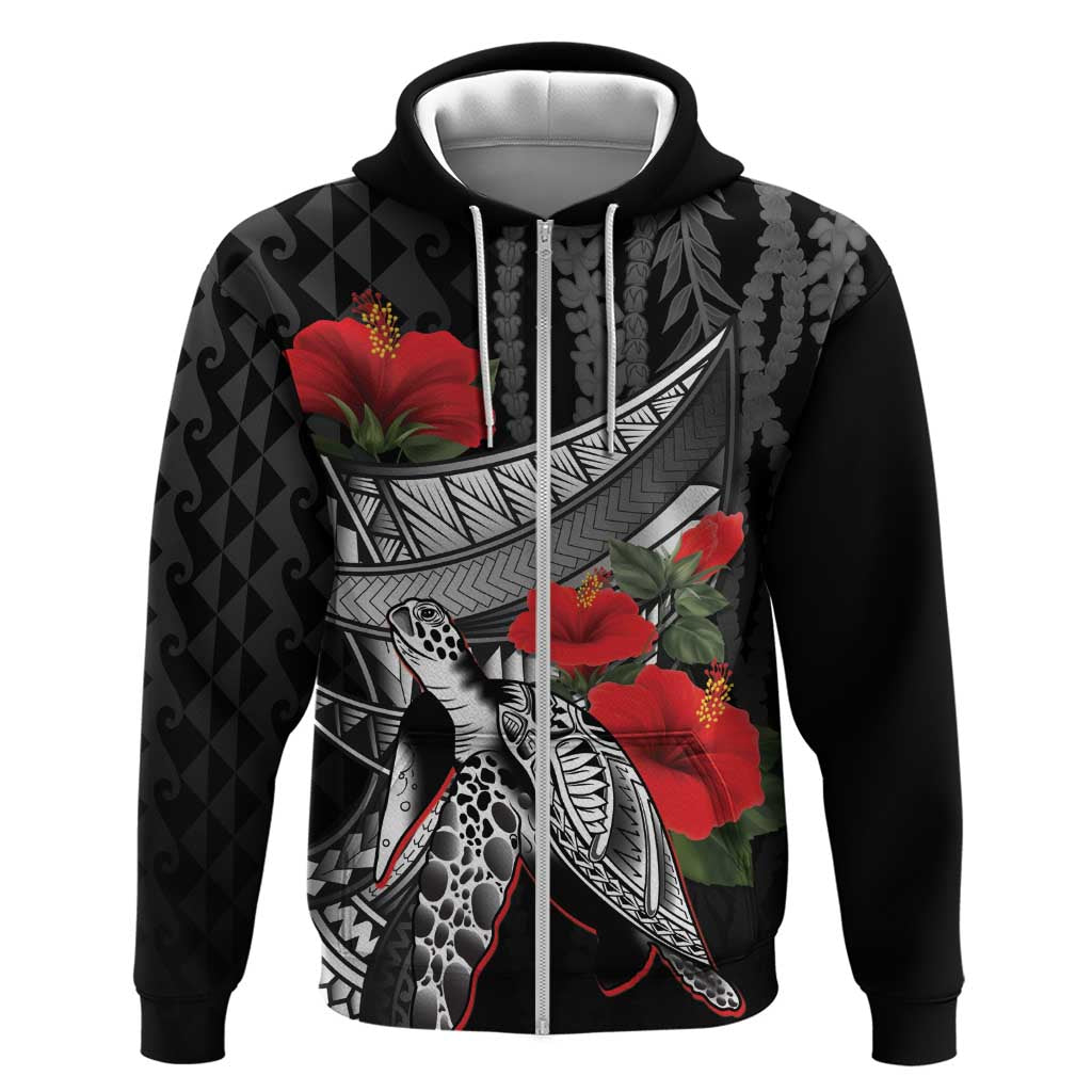 Hawaiian Honu Personalized Zip Hoodie Black Tribal Hook Pattern LT9 Zip Hoodie Black - Polynesian Pride
