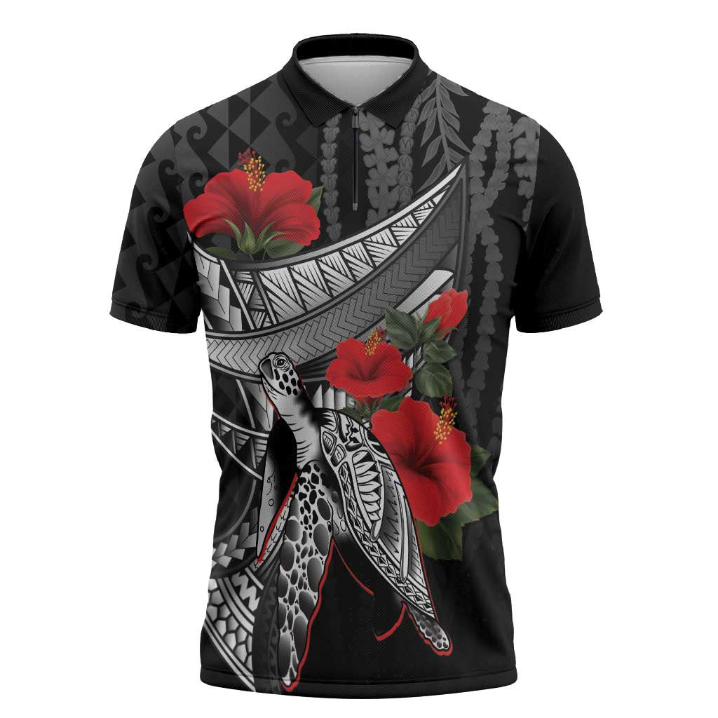 Hawaiian Honu Personalized Zipper Polo Shirt Black Tribal Hook Pattern